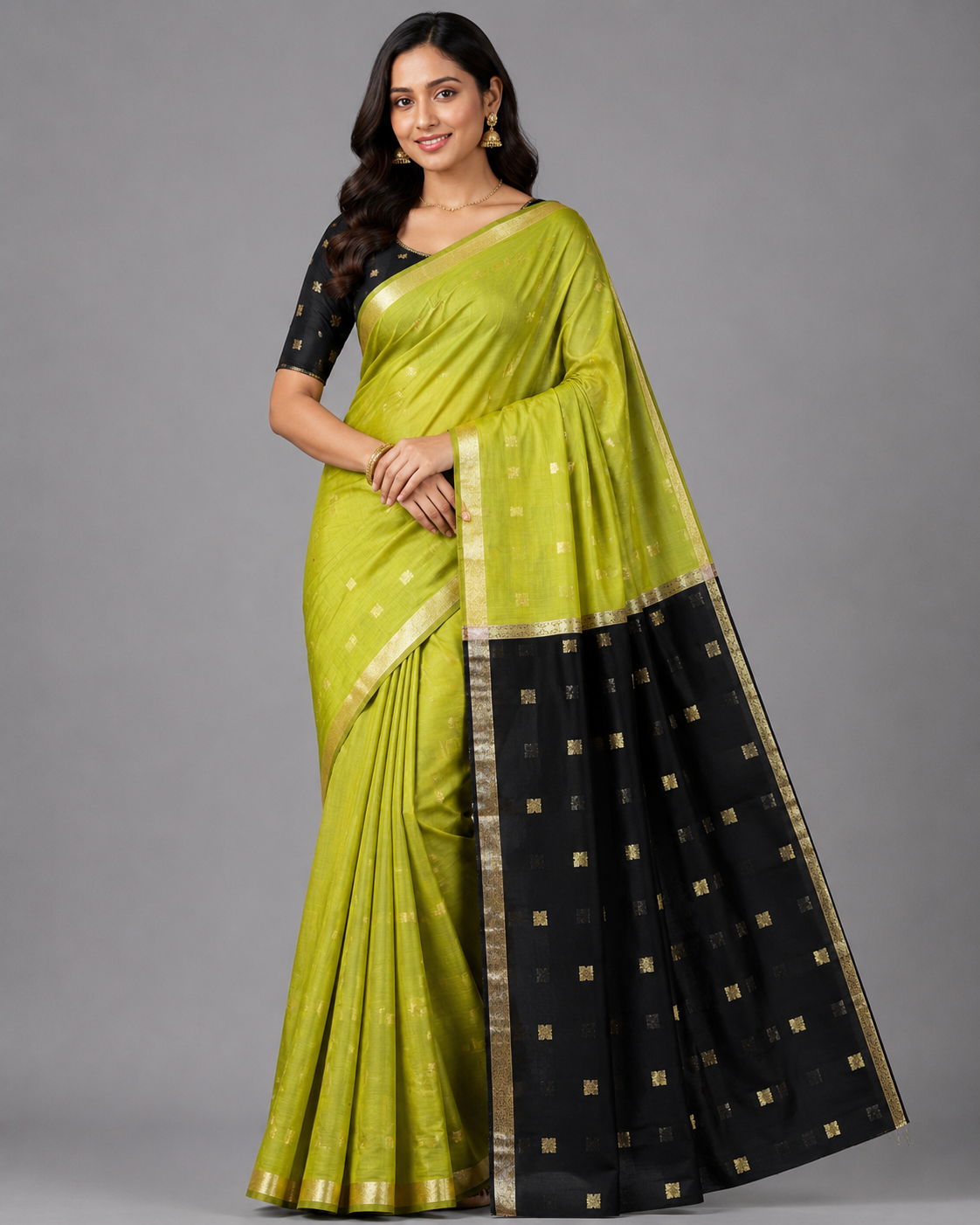 Lime Green & Black Kalyani Cotton Saree with Golden Border & Buttas