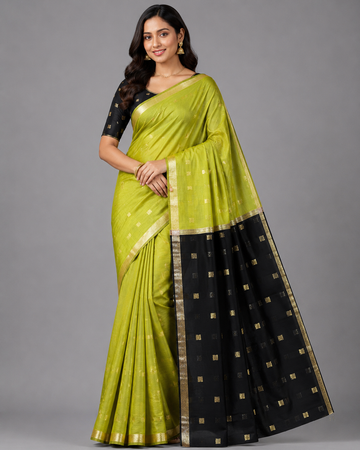 Lime Green & Black Kalyani Cotton Saree with Golden Border & Buttas