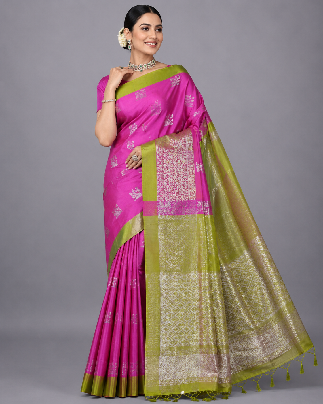 Onion Pink and Olive Green Soft Silk Saree