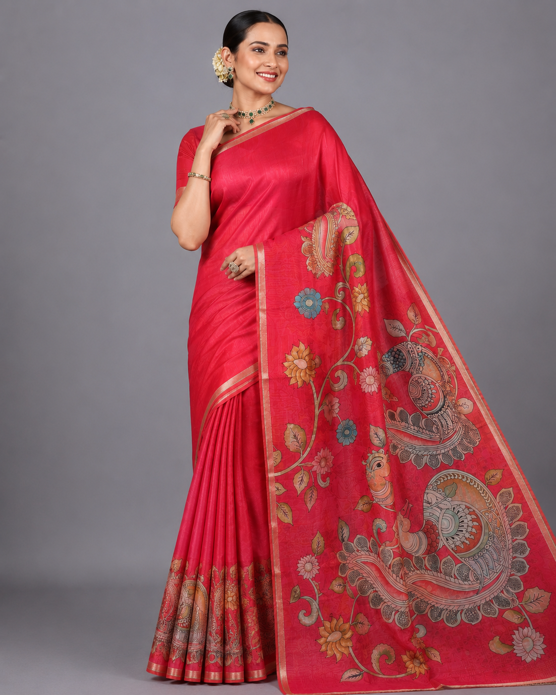 Red Chanderi Cotton Saree with Hand-Painted Kalamkari Peacock Motifs