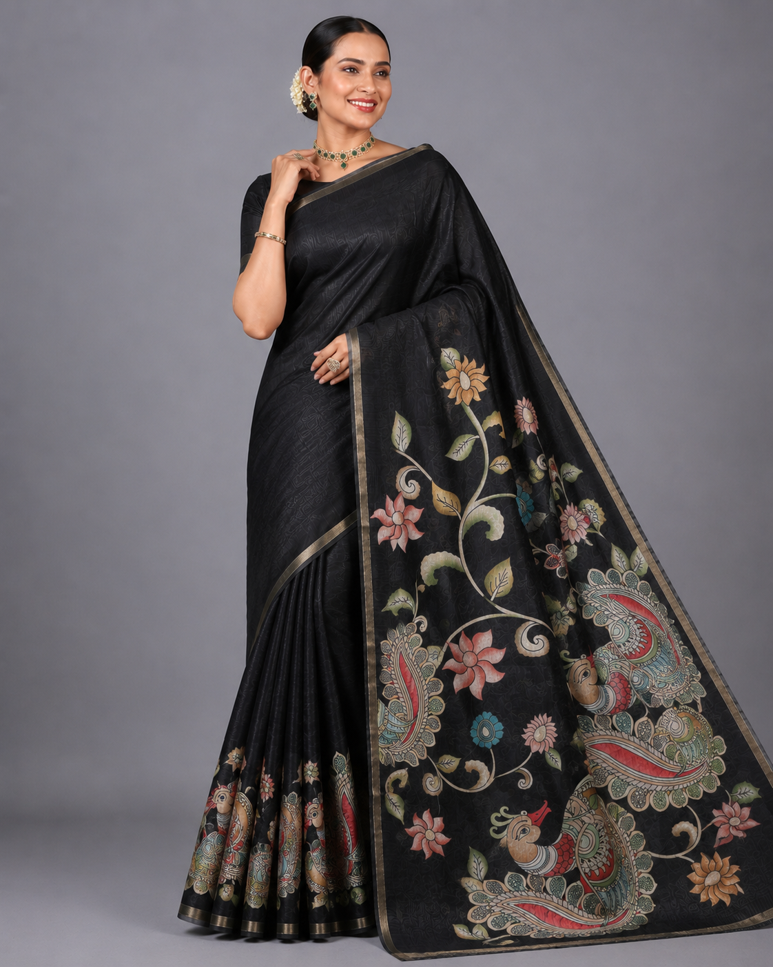 Black Chanderi Cotton Saree with Kalamkari-Inspired Floral & Bird Motifs