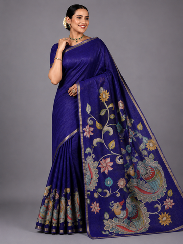 Royal Purple Chanderi Cotton Saree with Kalamkari Peacock & Floral Motifs