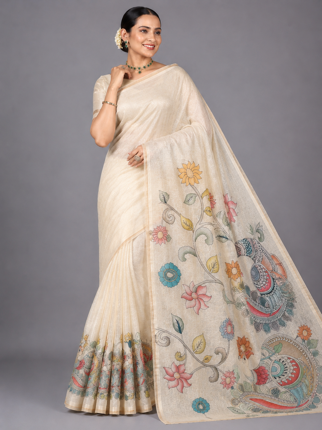 Ivory White Chanderi Cotton Saree with Handcrafted Kalamkari Floral & Bird Motifs