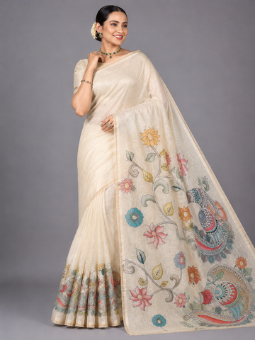 Ivory White Chanderi Cotton Saree with Handcrafted Kalamkari Floral & Bird Motifs