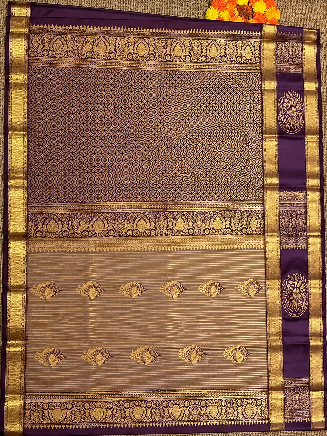Taupe Soft Silk Saree with Purple & Gold Zari Border