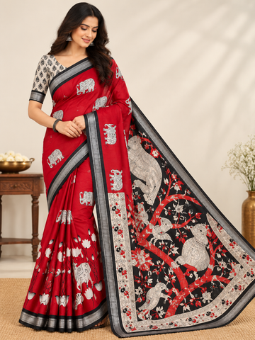 Raw Silk Pichwai Printed Saree – Red & Black