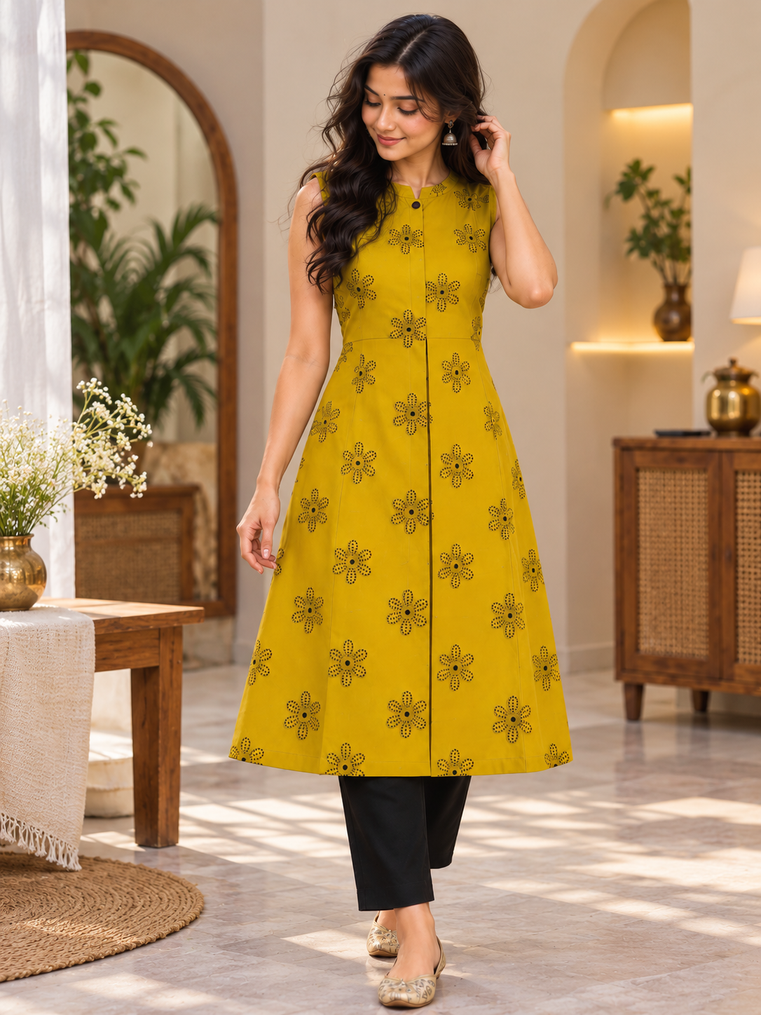 Mustard Yellow Pure Cotton Sleeveless Dress with Top