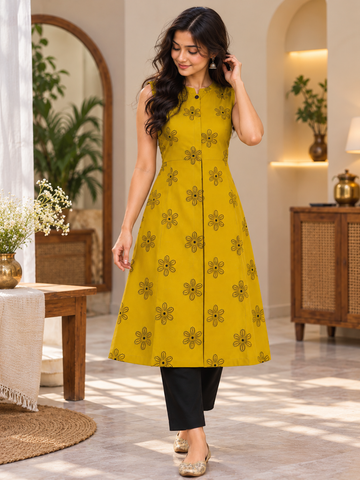 Mustard Yellow Pure Cotton Sleeveless Dress with Top