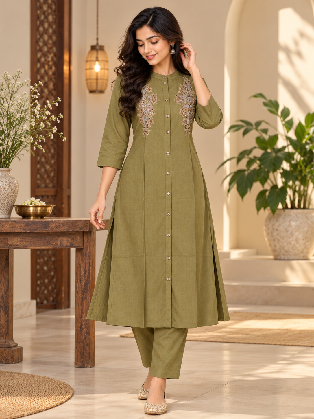 Olive Green Embroidered Pure Cotton Kurta Set