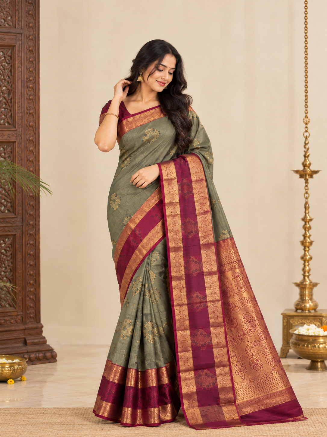 Elegant Silk Cotton Saree with Maroon & Gold Border