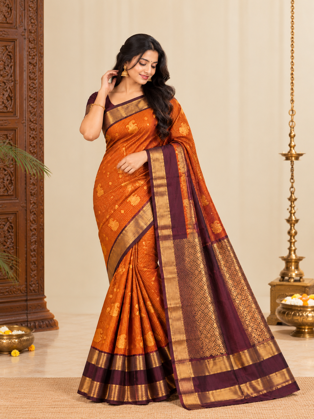 Traditional Orange & Wine Purple Silk Saree with Rich Gold Zari Border
