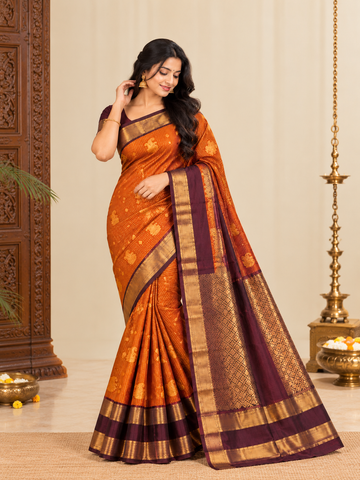 Traditional Orange & Wine Purple Silk Saree with Rich Gold Zari Border
