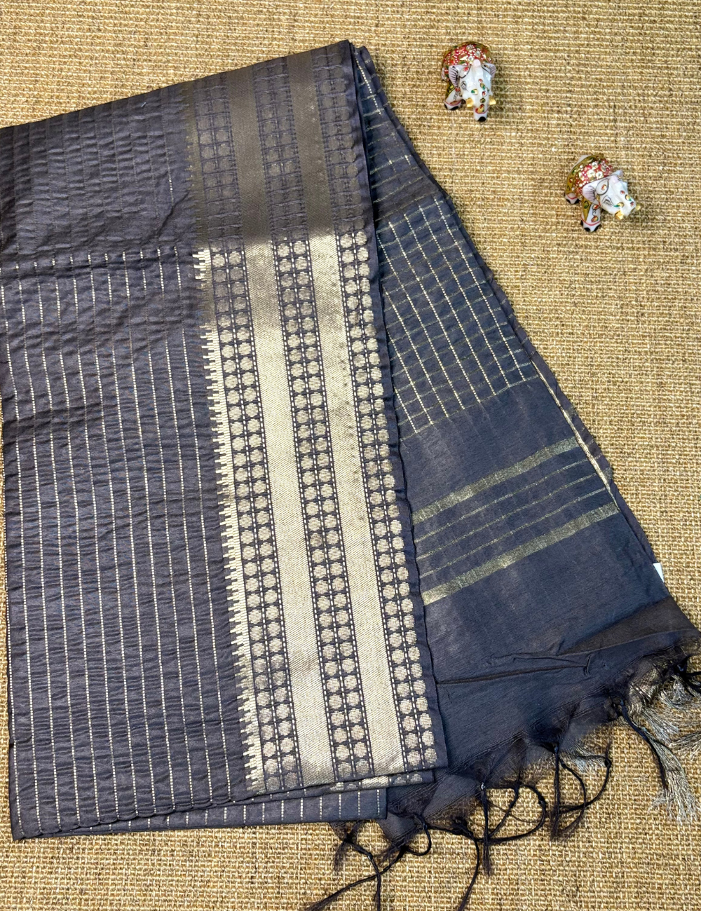 Elephant Grey Checked Moonga Silk Saree