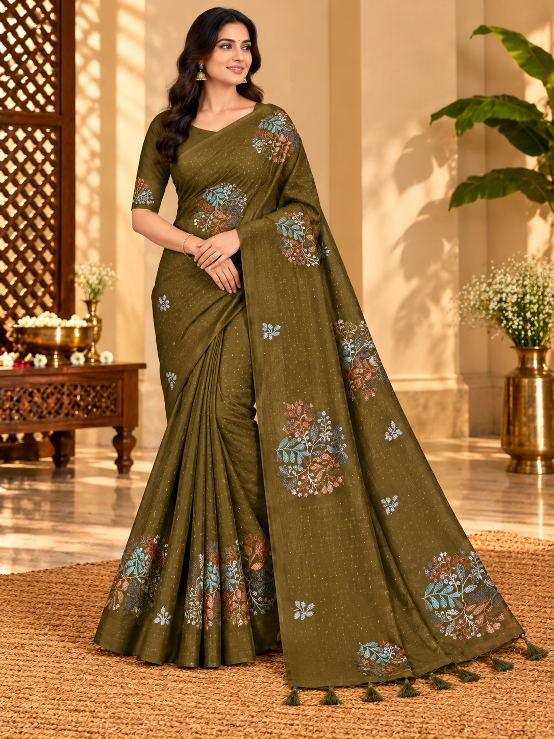 Olive Green Floral Printed Butter Silk Saree
