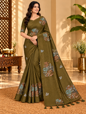 Olive Green Floral Printed Butter Silk Saree