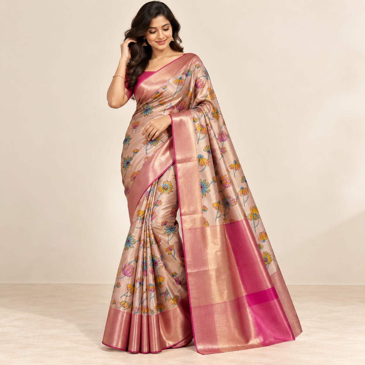 Elegant Floral Designer Silk Saree with Pink Zari Border
