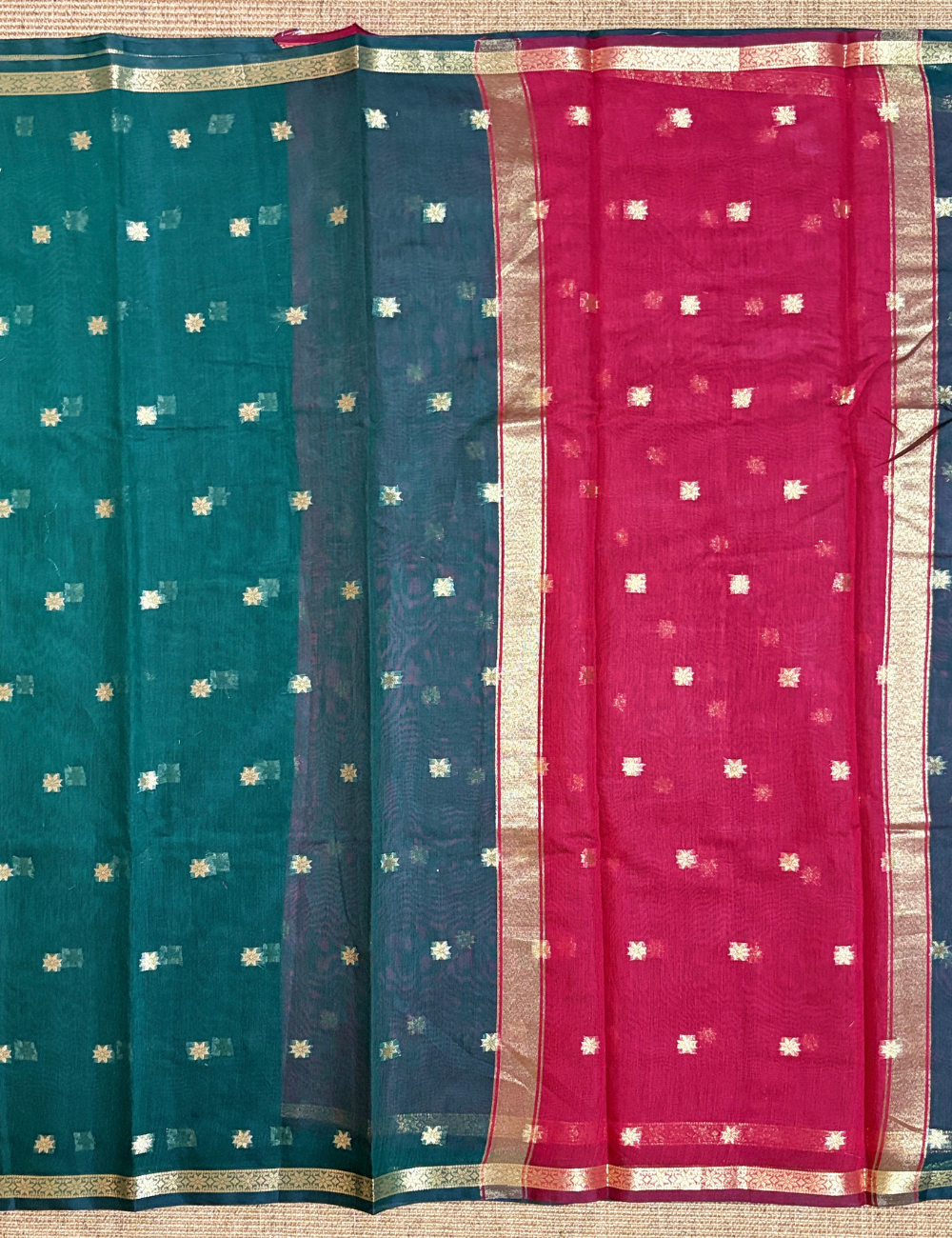 Rich teal green with a Pinkish-Red Kalyani Cotton Saree