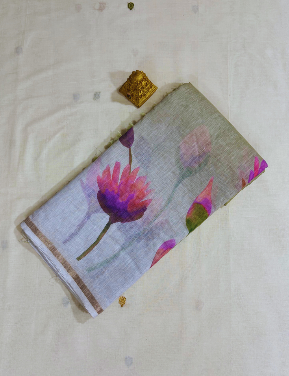 Green & White Floral Print Linen Saree