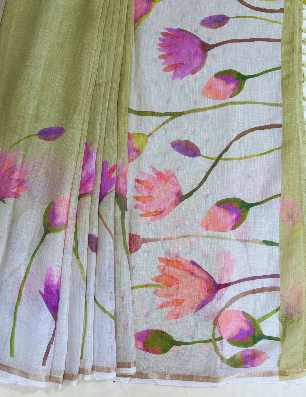 Green & White Floral Print Linen Saree