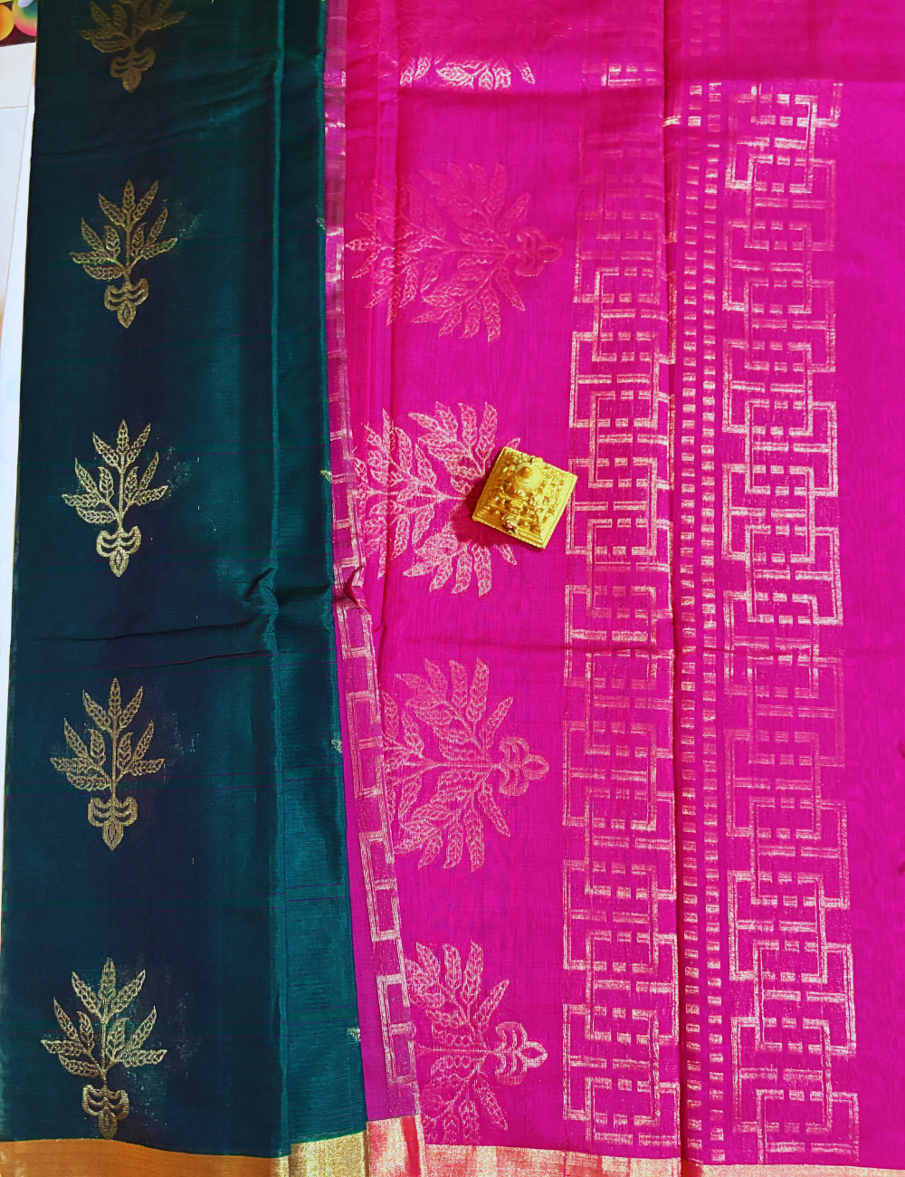 Green & Pink with Golden Zari Silk  Cotton Saree