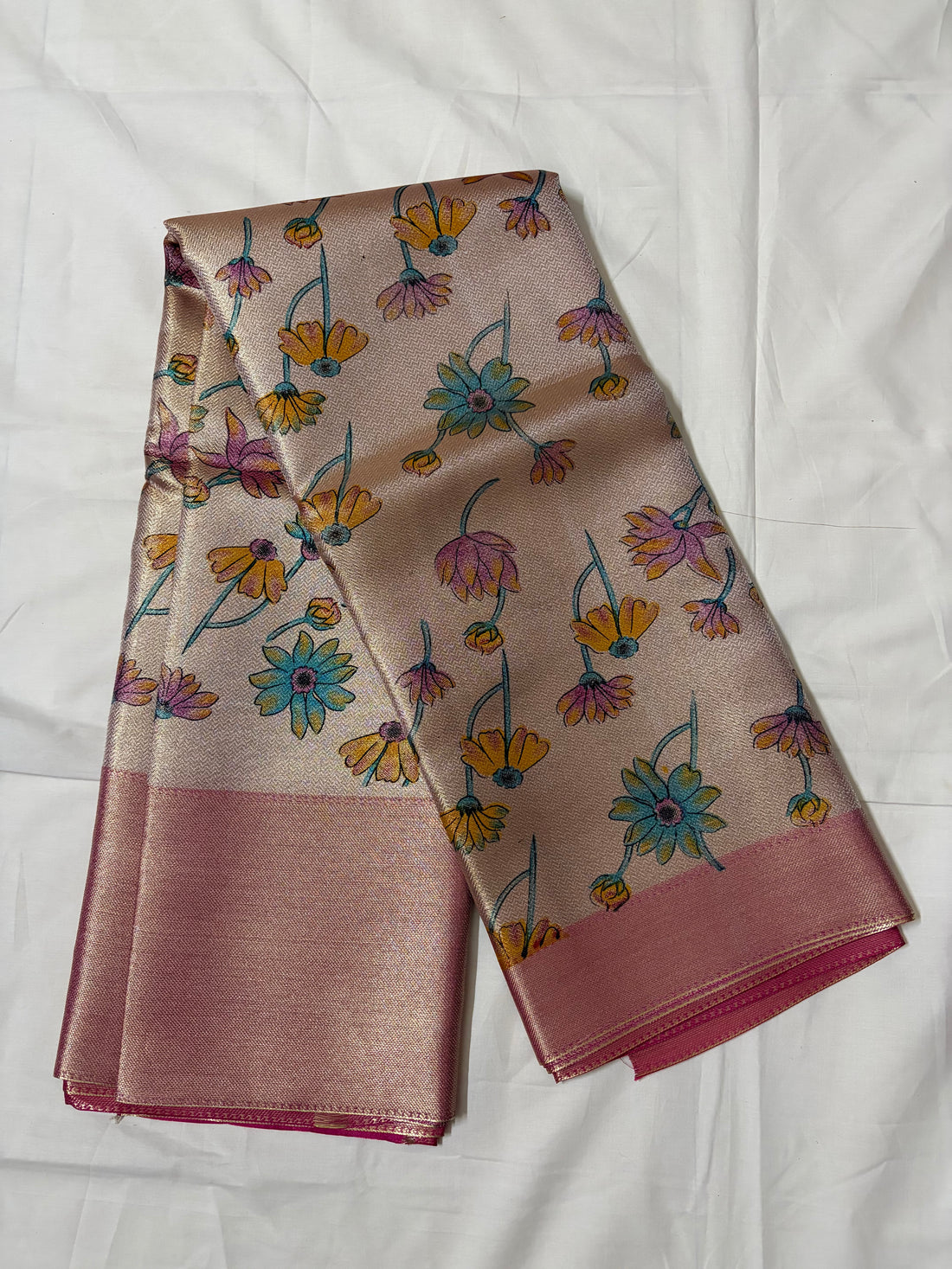 Elegant Floral Designer Silk Saree with Pink Zari Border