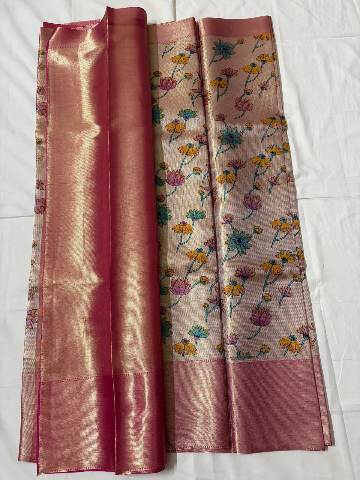 Elegant Floral Designer Silk Saree with Pink Zari Border