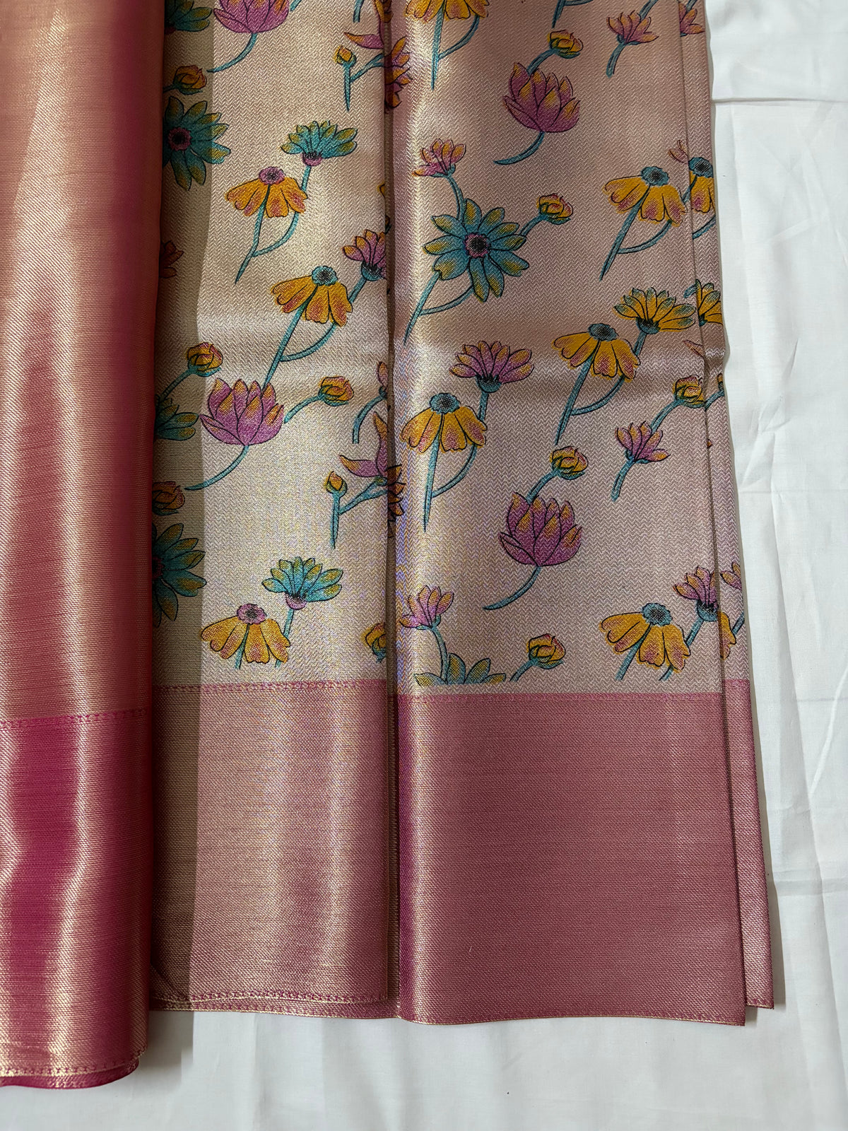 Elegant Floral Designer Silk Saree with Pink Zari Border