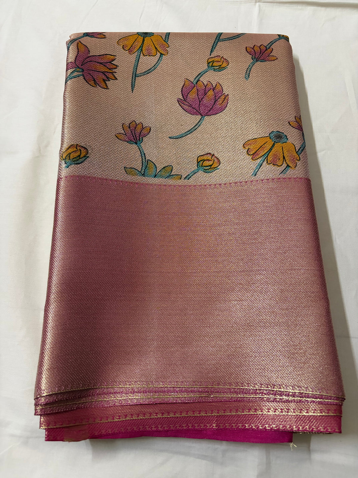 Elegant Floral Designer Silk Saree with Pink Zari Border