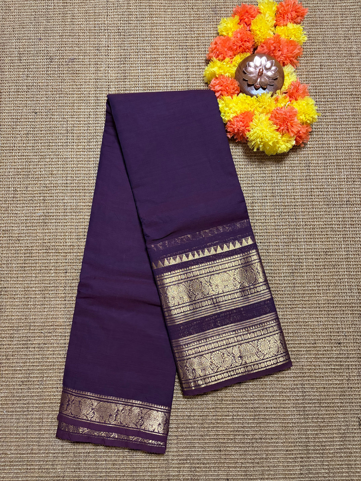 Coffee Brown Pure Kaanji Cotton Saree with Gold Zari Border