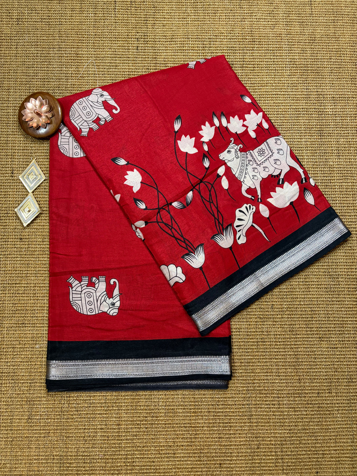 Raw Silk Pichwai Printed Saree – Red & Black