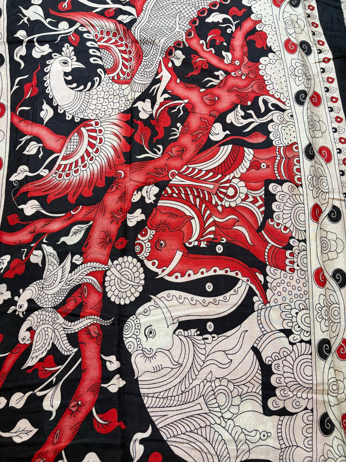 Raw Silk Pichwai Printed Saree – Red & Black