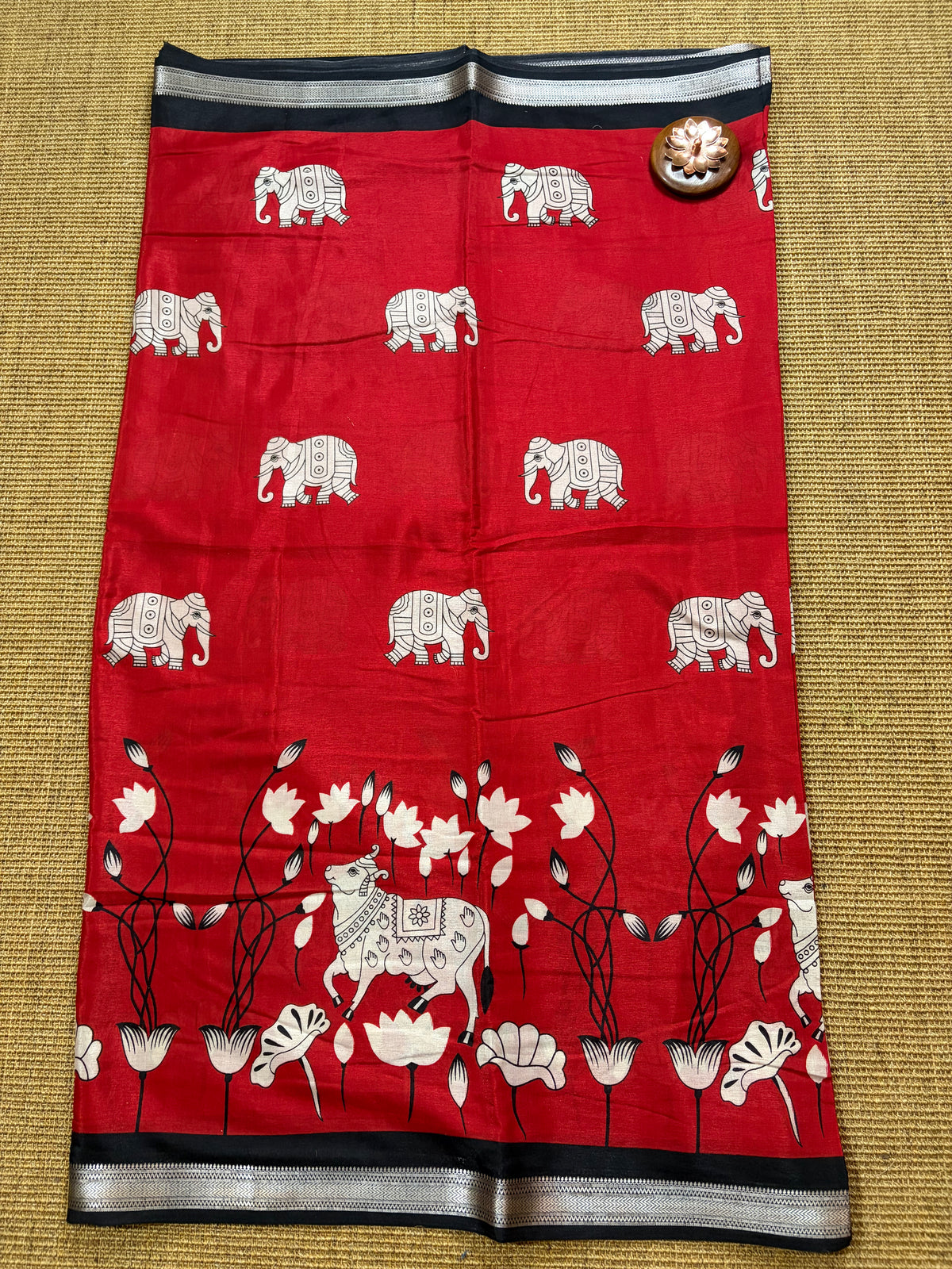 Raw Silk Pichwai Printed Saree – Red & Black