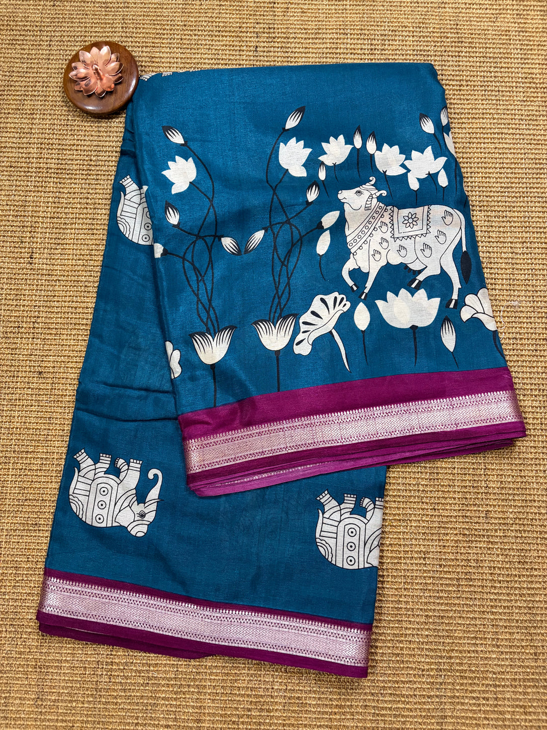 Raw Silk Pichwai Printed Saree – Teal Blue & Magenta