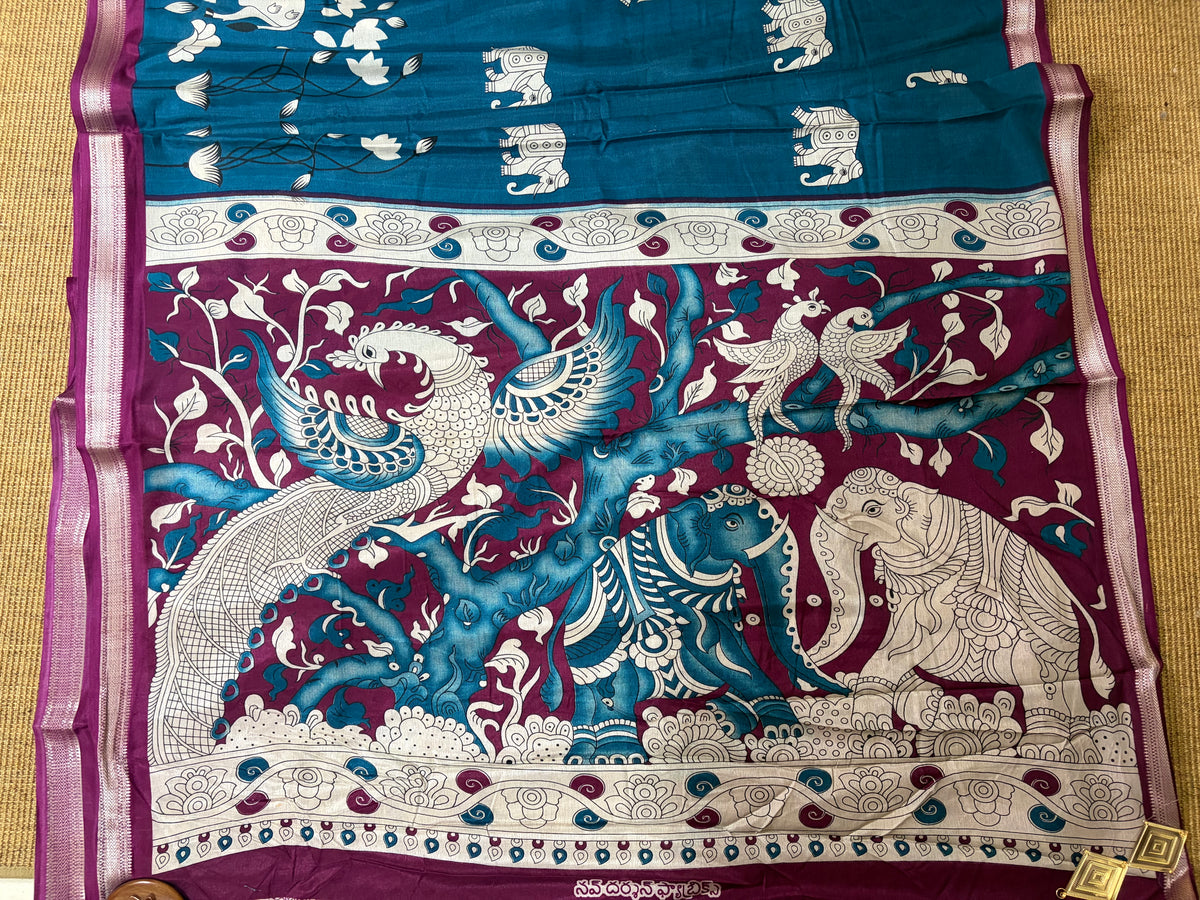 Raw Silk Pichwai Printed Saree – Teal Blue & Magenta