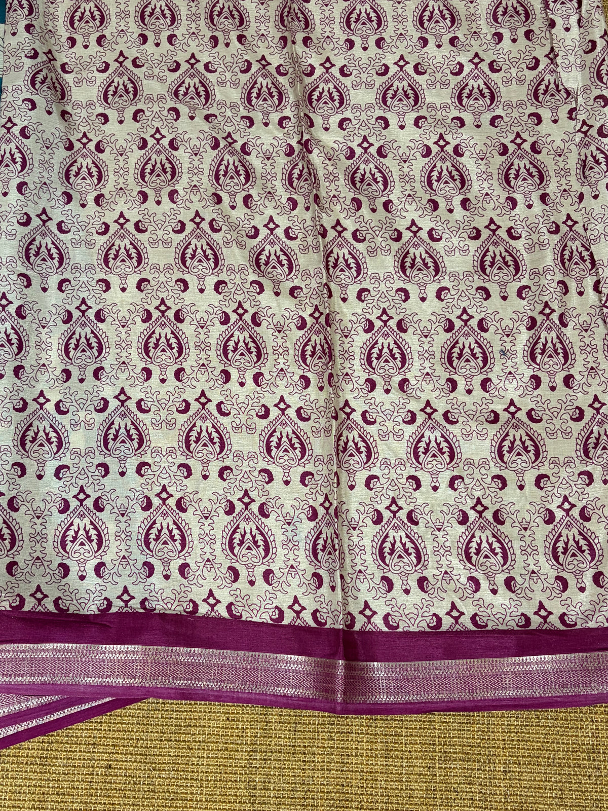 Raw Silk Pichwai Printed Saree – Teal Blue & Magenta