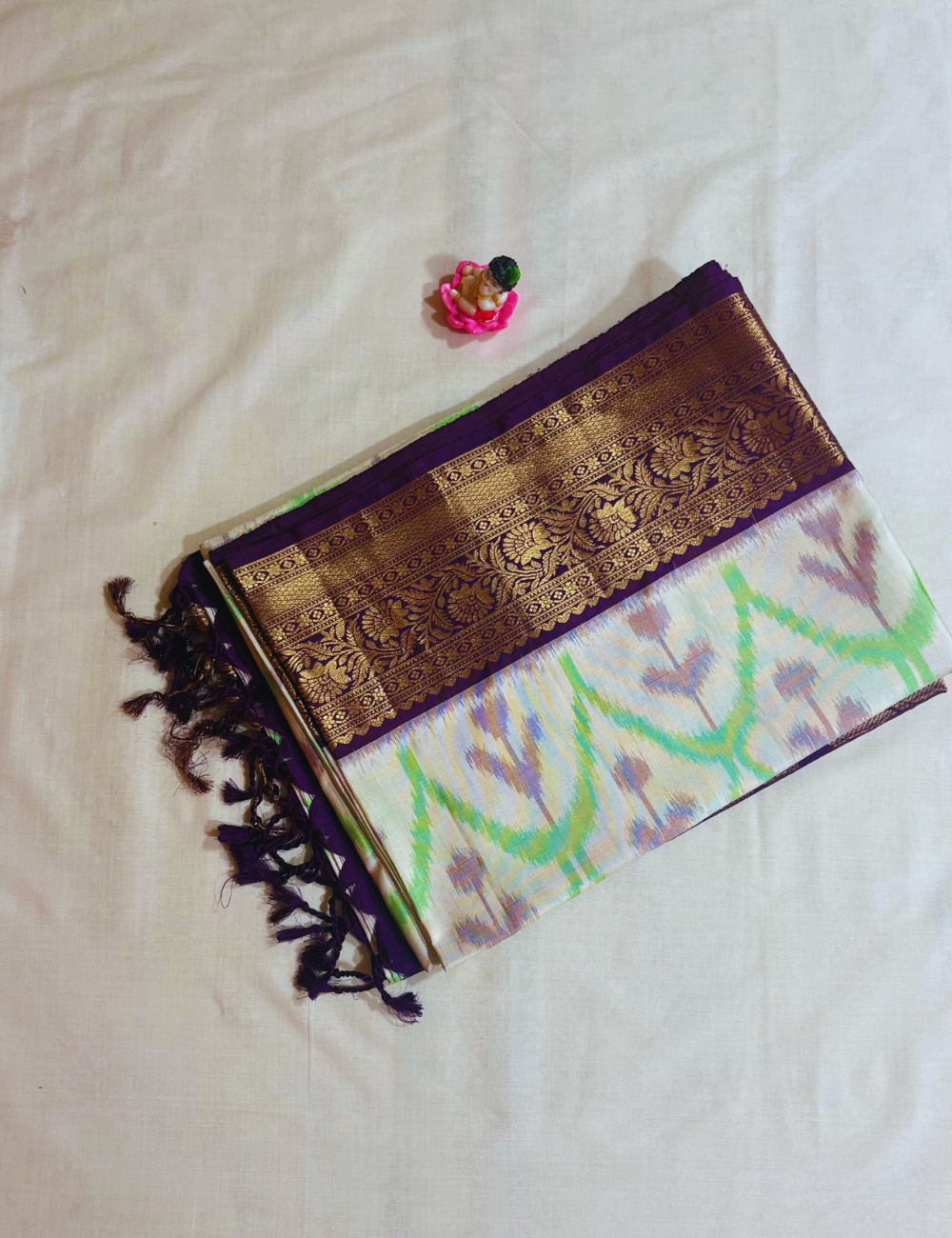 Ivory & Green Zari Border Ikat silk saree