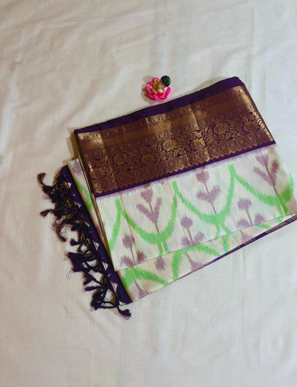 Ivory & Green Zari Border Ikat silk saree