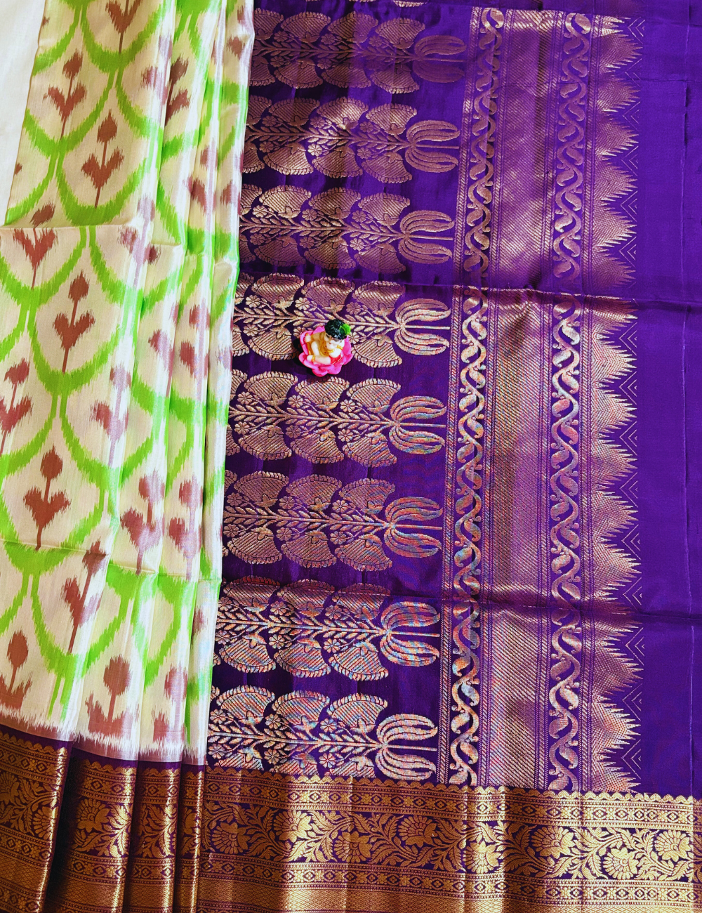 Ivory & Green Zari Border Ikat silk saree