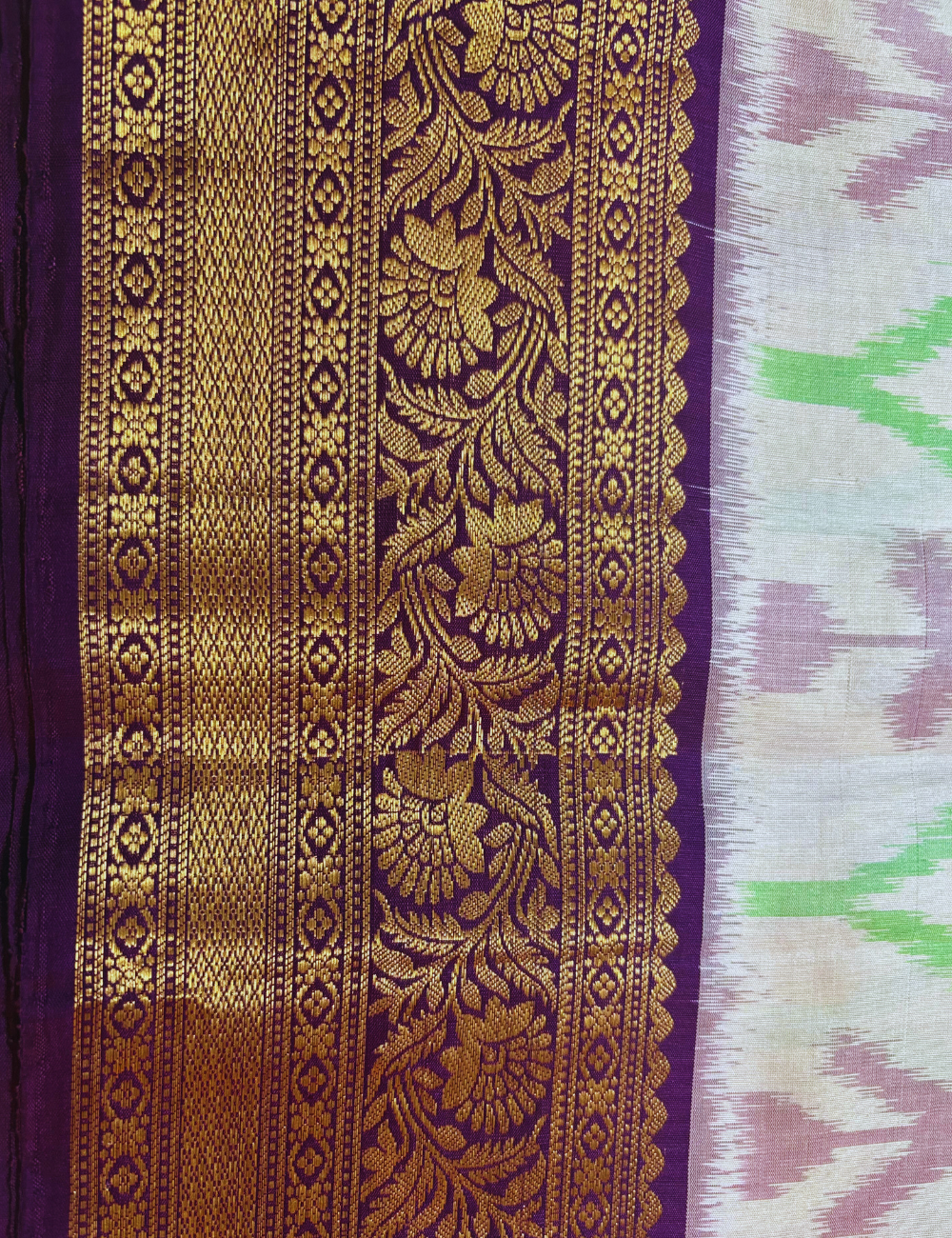 Ivory & Green Zari Border Ikat silk saree