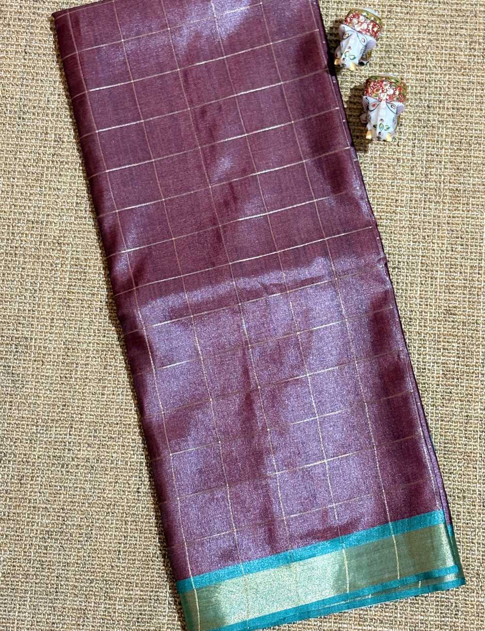 Deep Maroon with Teal Green & Antique Gold pallu Koriya Silk Saree
