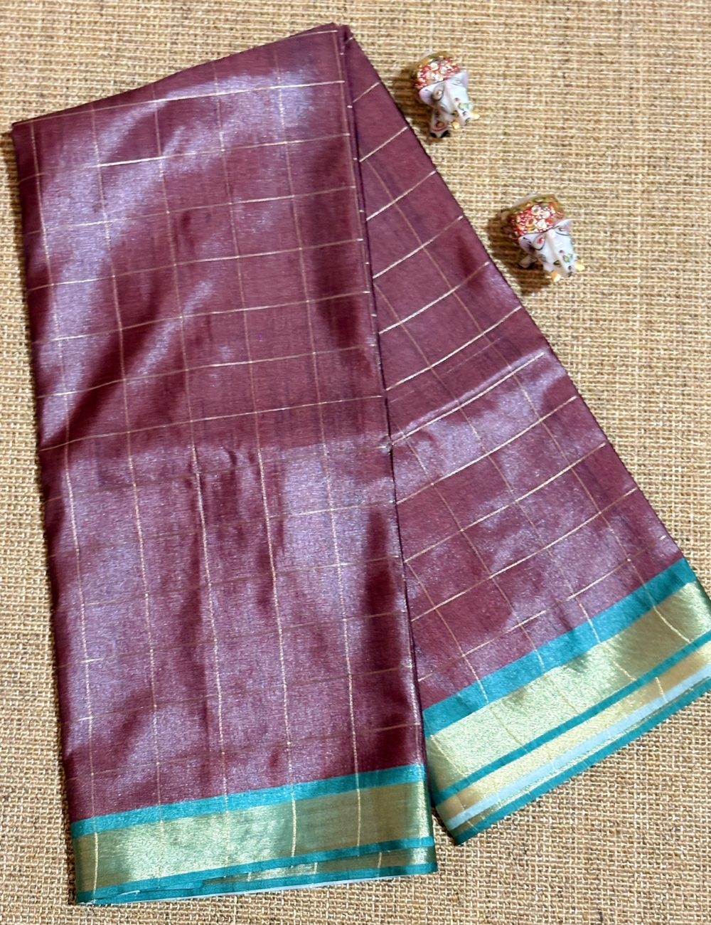 Deep Maroon with Teal Green & Antique Gold pallu Koriya Silk Saree