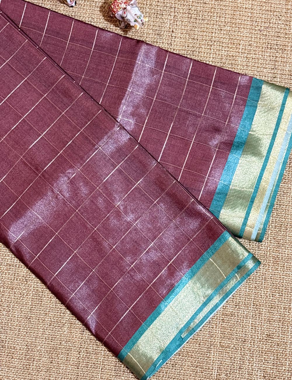 Deep Maroon with Teal Green & Antique Gold pallu Koriya Silk Saree