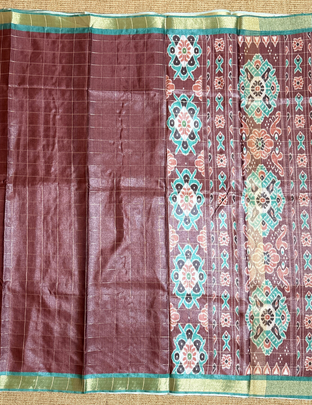 Deep Maroon with Teal Green & Antique Gold pallu Koriya Silk Saree