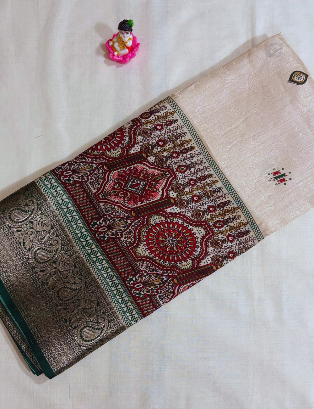 Cream with  Green & Red  Border Tussar saree