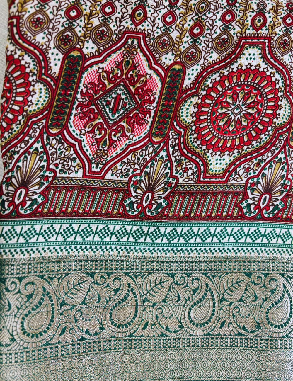 Cream with  Green & Red  Border Tussar saree