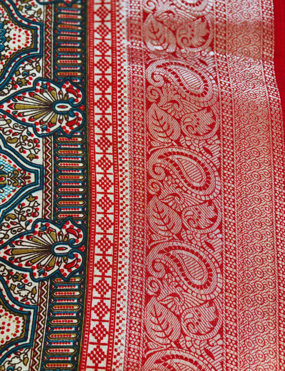 Cream  with Red & Green  Border Tussar saree