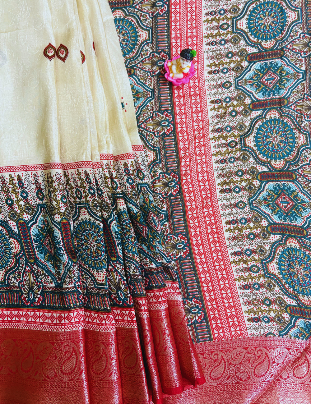 Cream  with Red & Green  Border Tussar saree
