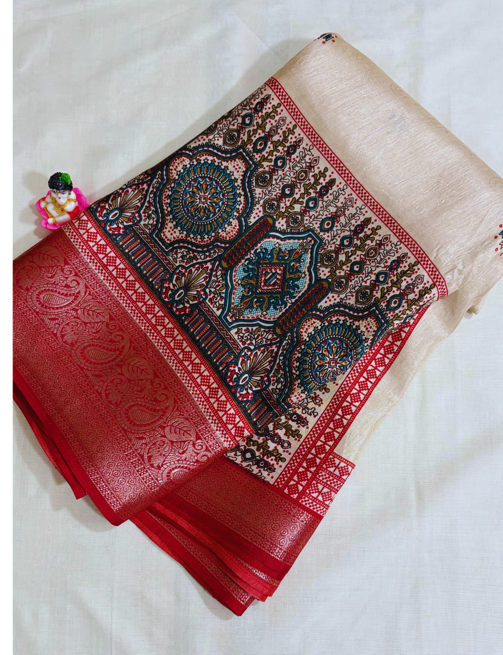 Cream  with Red & Green  Border Tussar saree