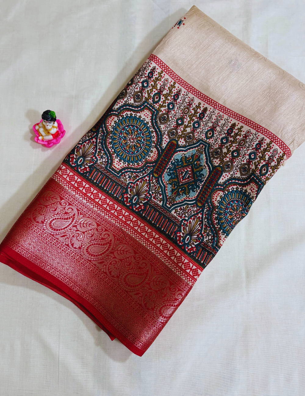 Cream  with Red & Green  Border Tussar saree