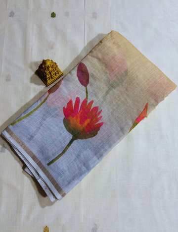 White Hand-Painted Linen Saree